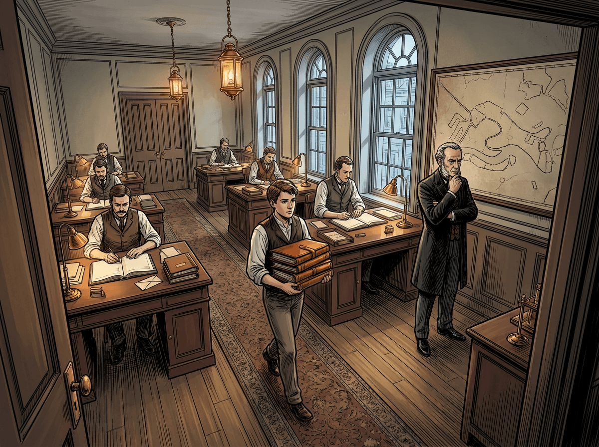A bustling Victorian agency office with rows of clerks at desks