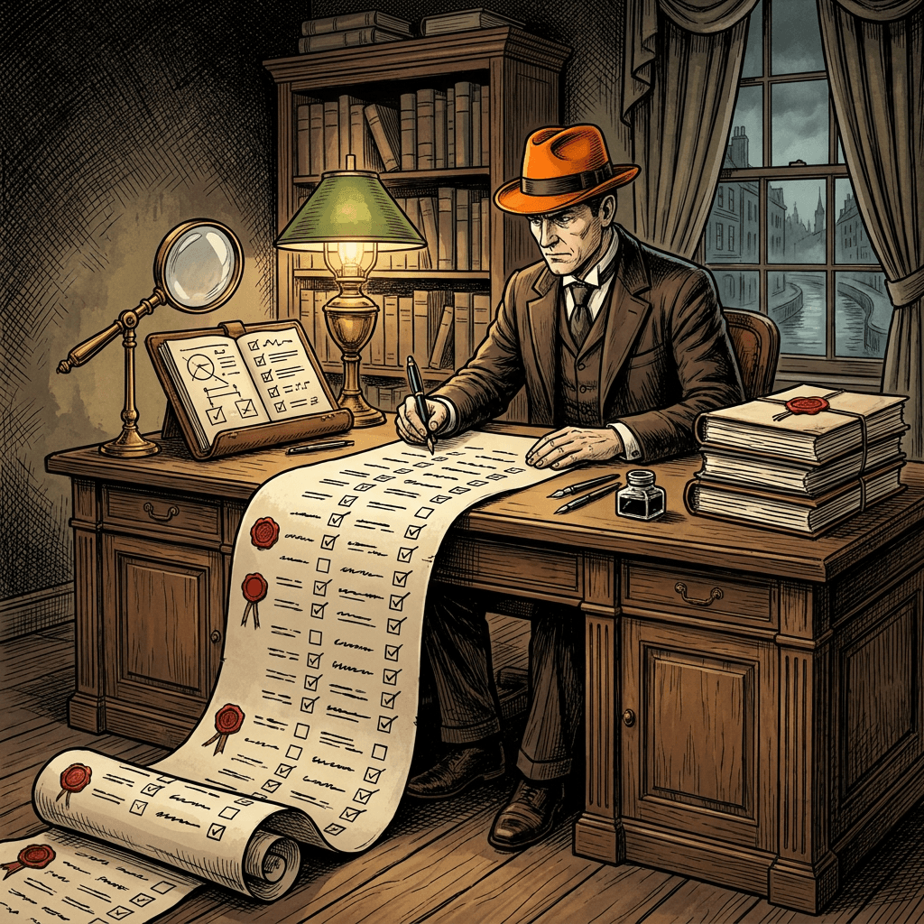 Sherlock with a magnifying glass over a sprawling open ledger