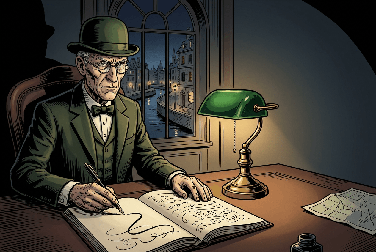 Landscape portrait of Moriarty, the Interrogator detective, leaning across a desk