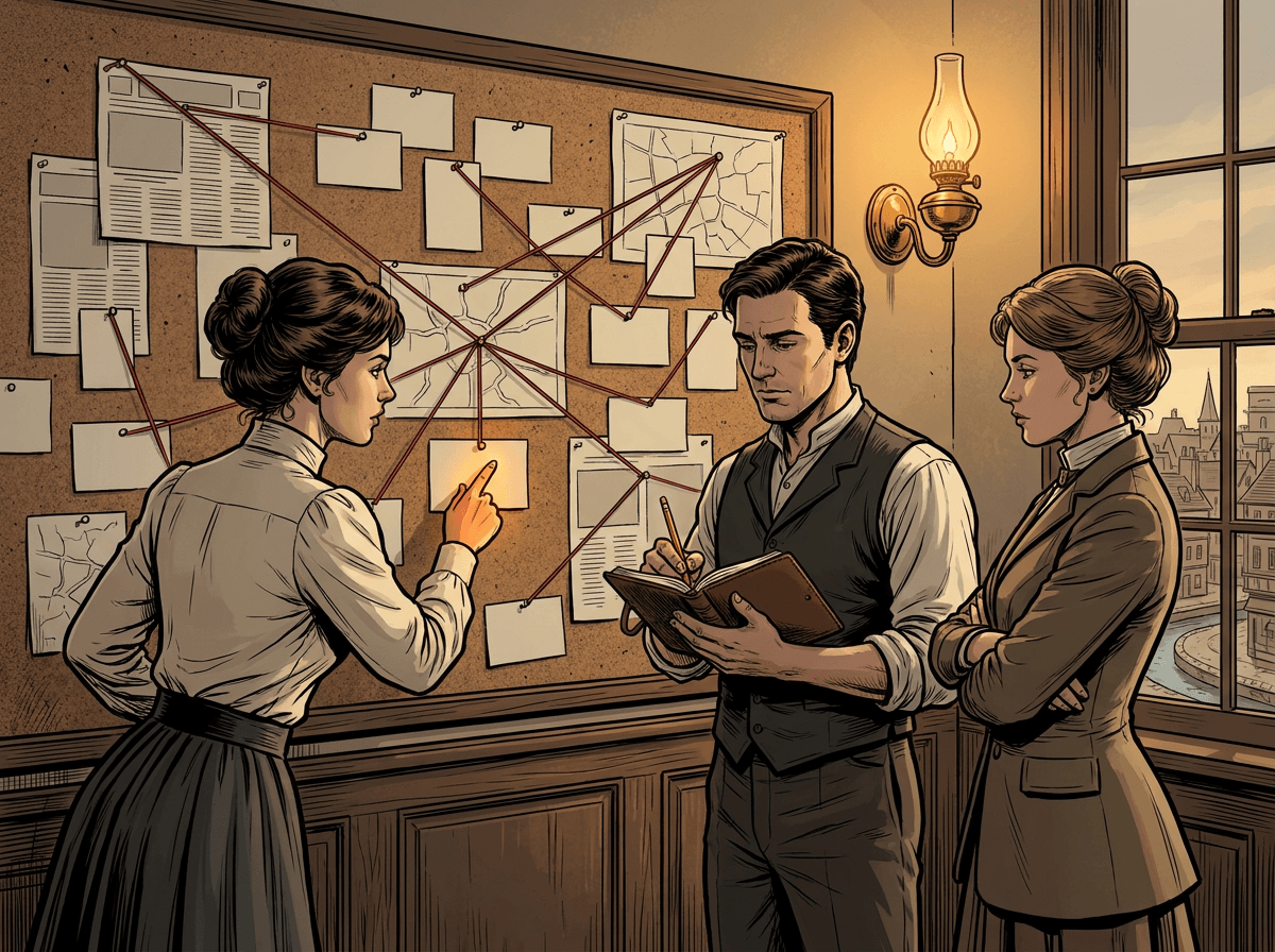 A small marketing team gathered around a Victorian pinboard plotting a campaign