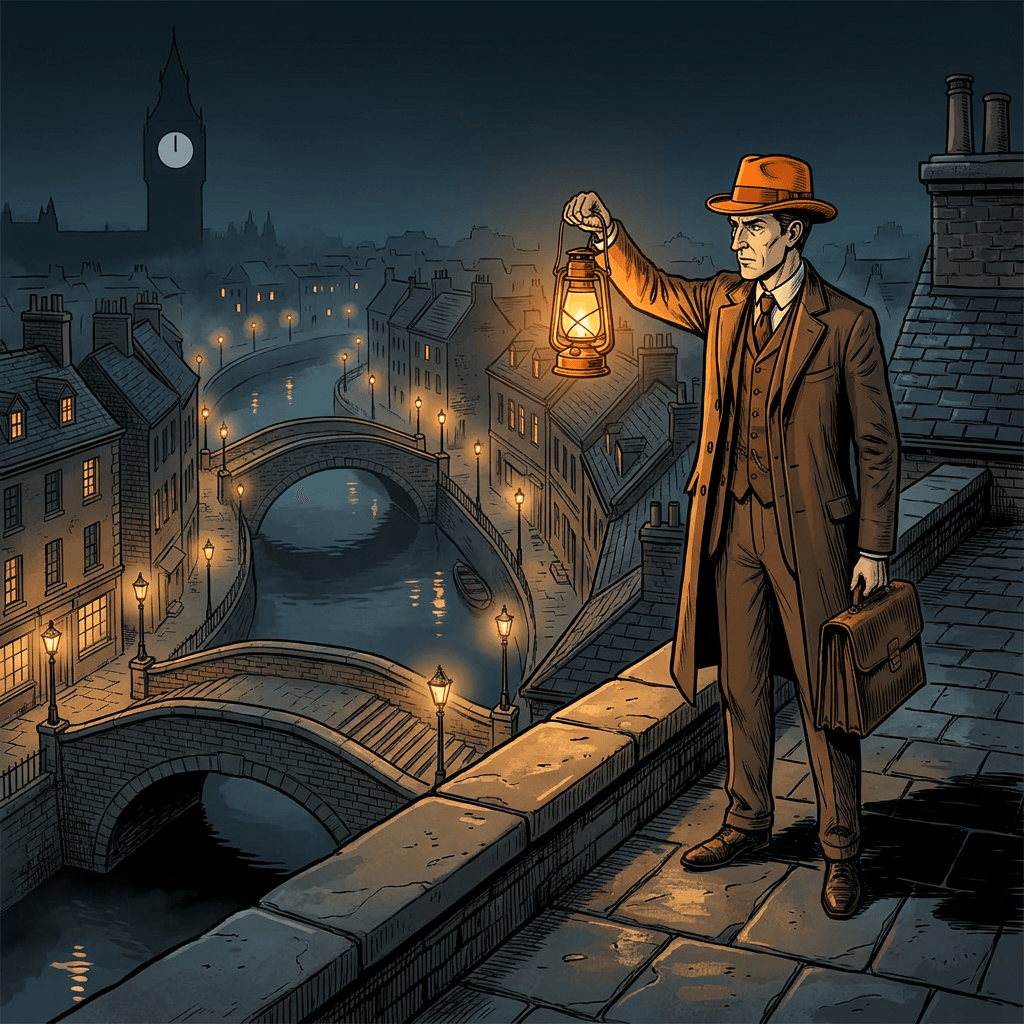 Watson on a rooftop at night, lantern raised over the city skyline