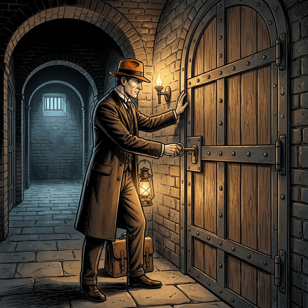 Watson turning a brass key in a vault door labelled GA4