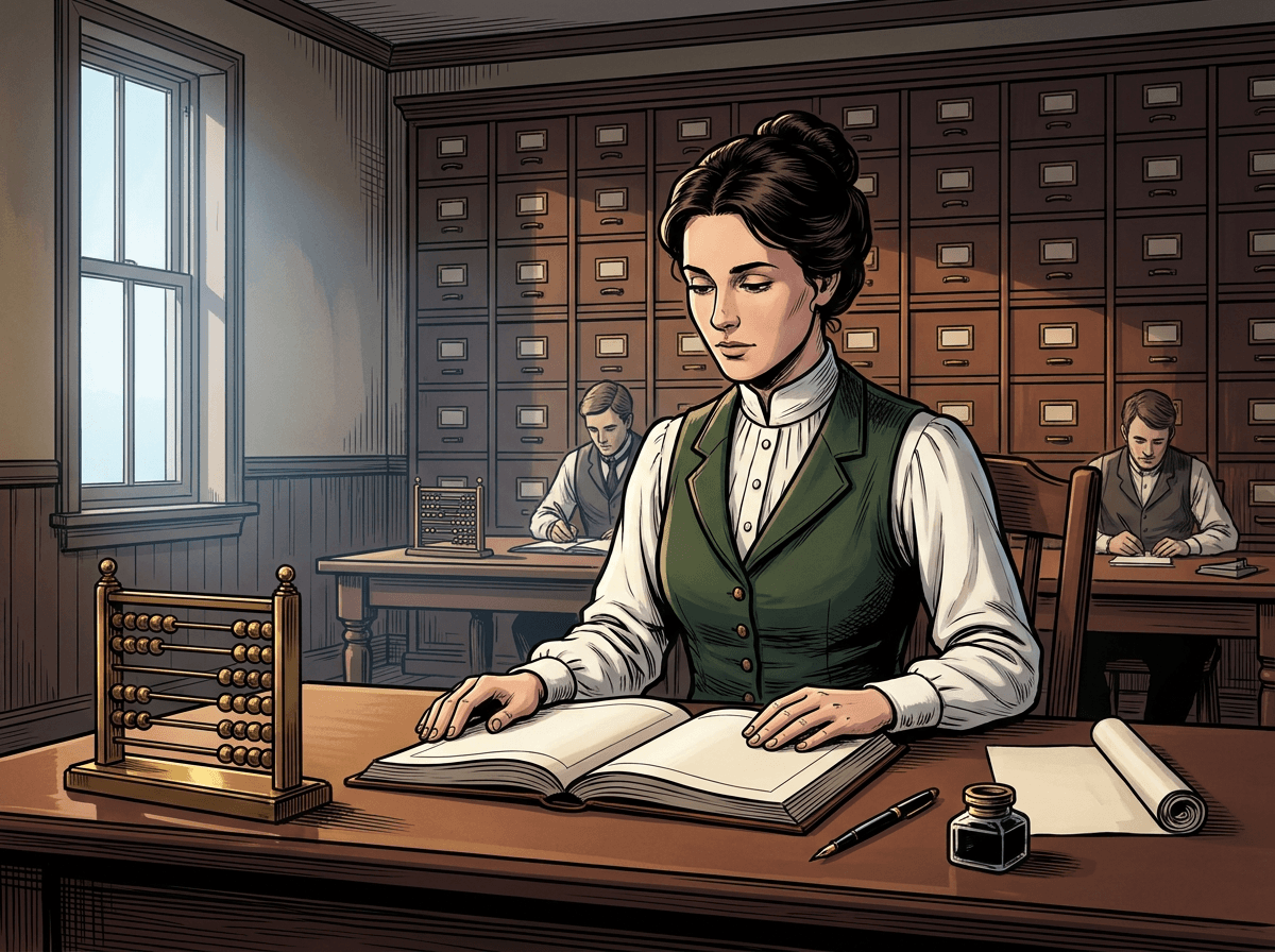 An in-house analyst studying ledgers in a Victorian counting house