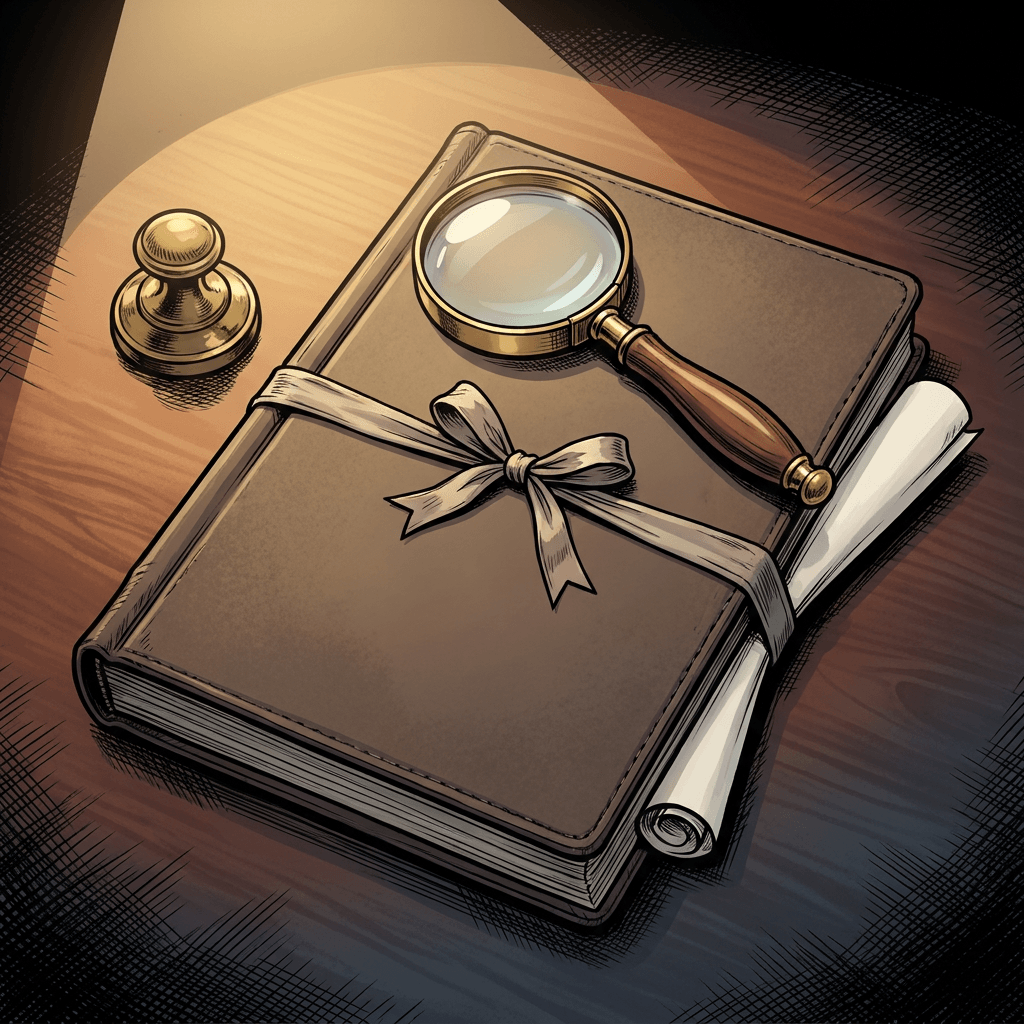 A closed Victorian leather case file labelled Frequently Asked, magnifying glass resting on top