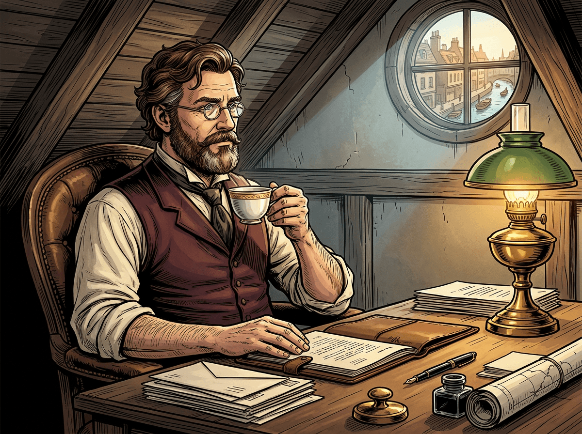 A freelance consultant at a desk in a candlelit attic office, ledgers and a small lamp