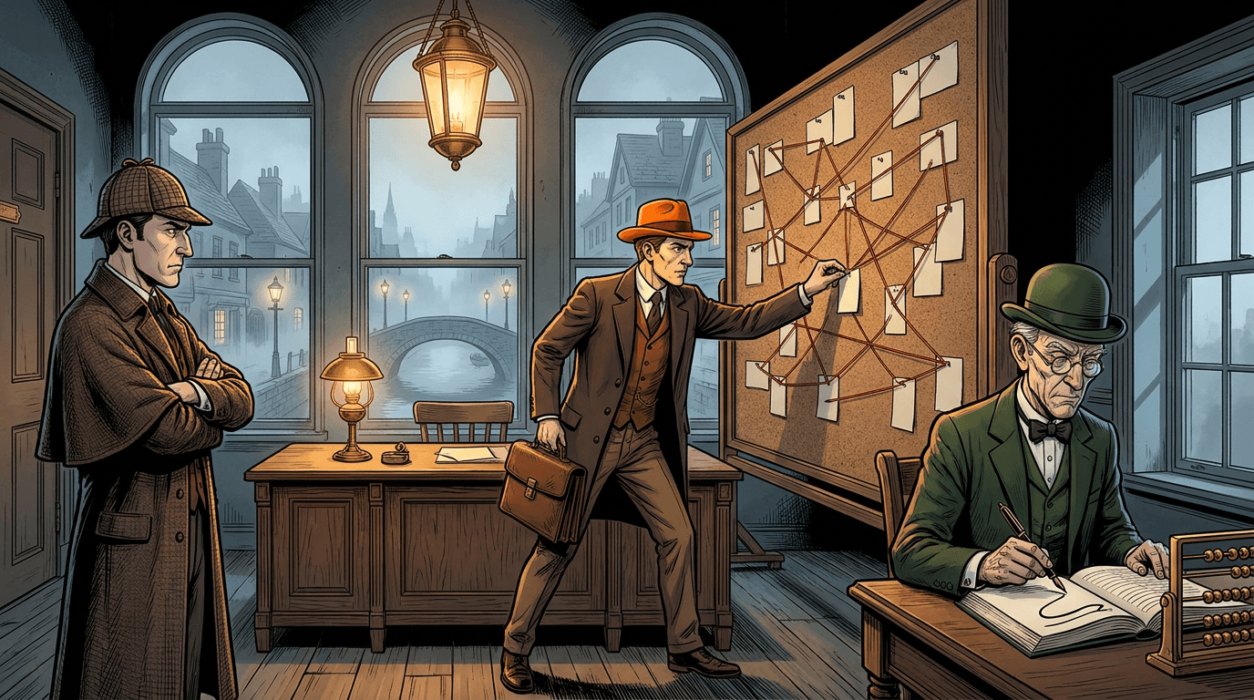 The three Analytics Detectives — Watson, Sherlock, and Moriarty — gathered in their case room at dawn, surrounded by ledgers and brass instruments