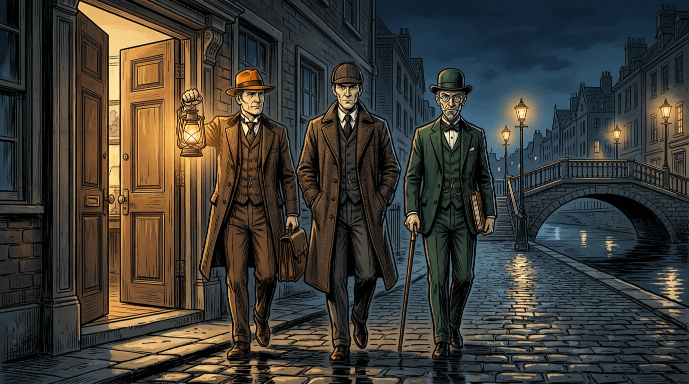 The three detectives walking shoulder-to-shoulder out of the office at night, lanterns lit