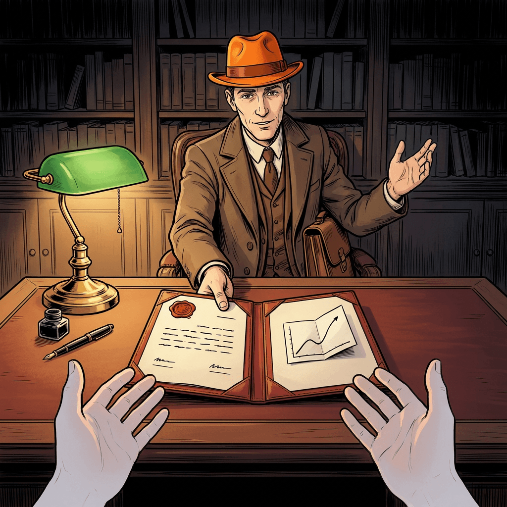 Moriarty across a desk mid-interrogation, leaning toward the viewer